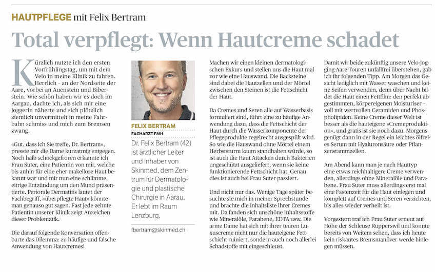 Zuviel Hautcreme schadet – Kolumne Dr. Felix Bertram in Aargauer Zeitung