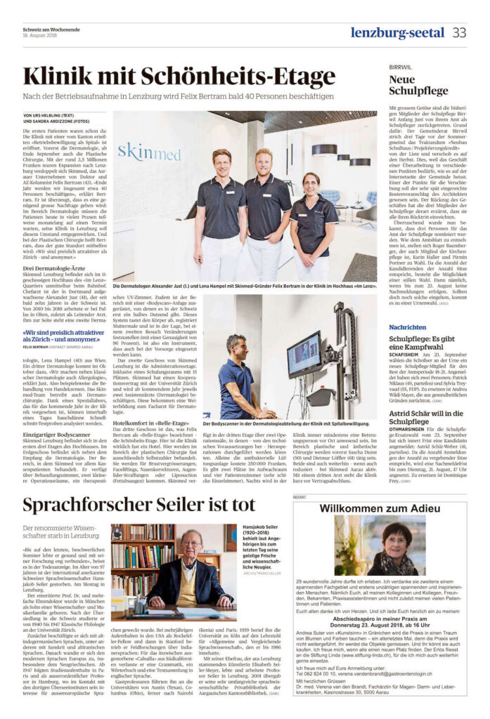 Portrait über skinmed Lenzburg in der Aargauer Zeitung